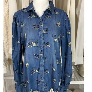 Disney Parks Her Universe Womens Sz S Denim Mickey & Pluto Comic Button Up #0540
